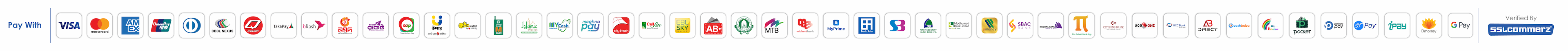 Pay with cards, mobile banking and internet banking, verified by SSLCommerz